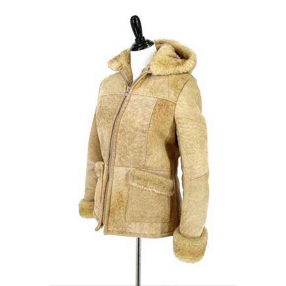 Vintage Genuine Shearling Sheepskin Leather Fur Hooded Coat Size 10 Penny Lane - Picture 1 of 8